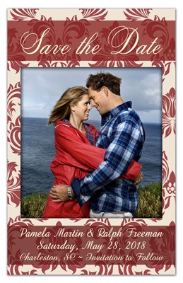 Save the Date Magnet | Damask In Red with Photo | MAGNETQUEEN