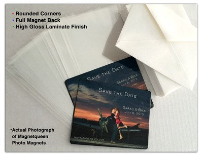 Round Photo Wedding Magnet Sample Pack: Photo Magnet, White Linen Envelope and Clear Sleeve